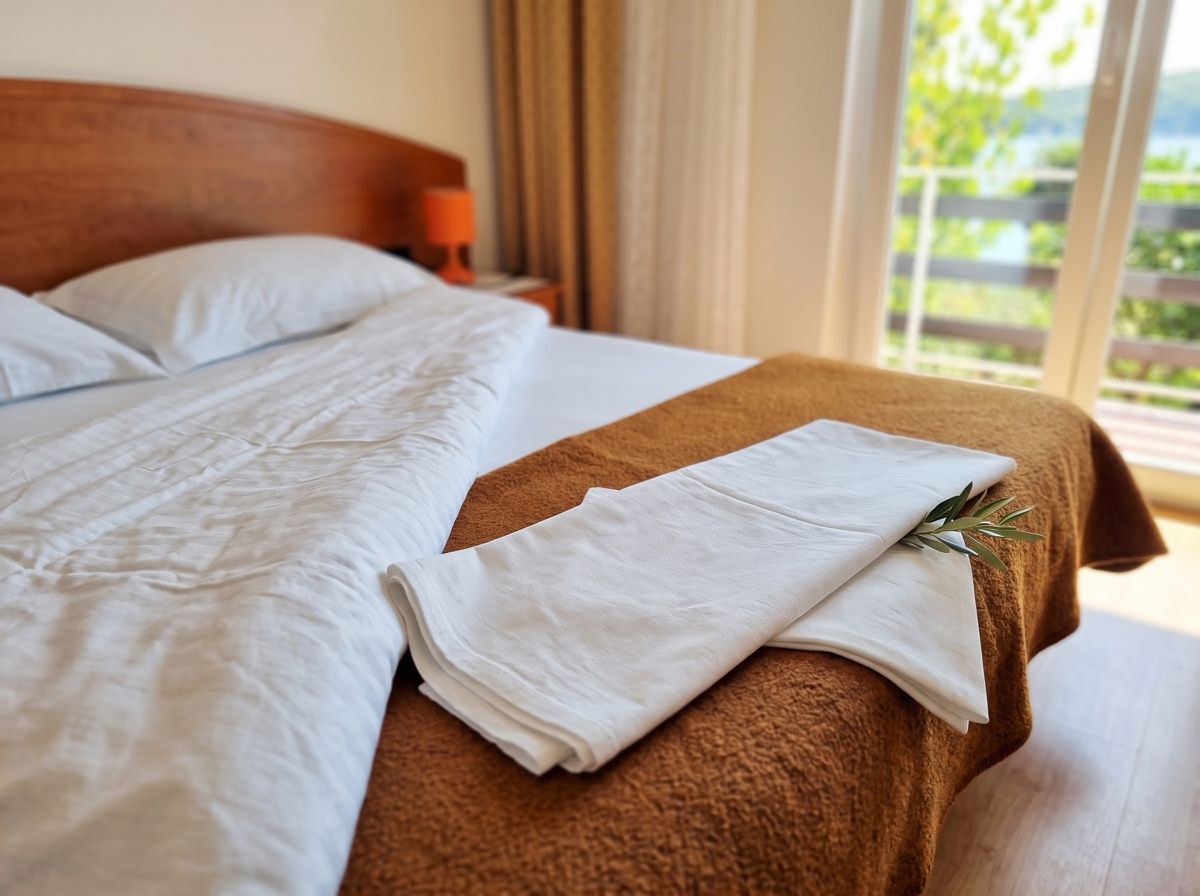 Bedroom in a coastal holiday apartment, folded linen on an ochre throw, balcony doors open to the water.